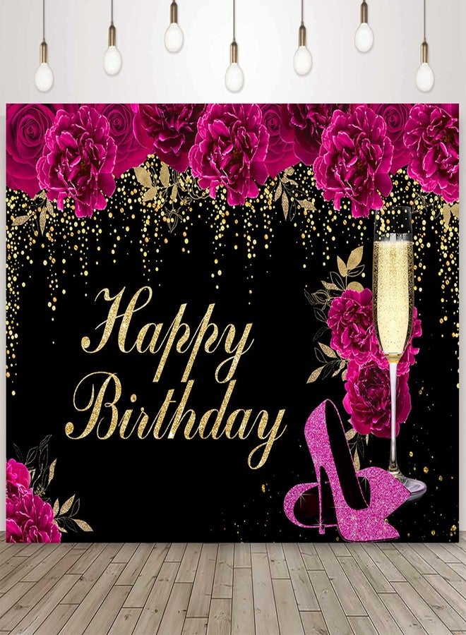 Sensfun 7x5ft Floral Hot Pink Birthday Backdrop Magenta Flowers High Heels Party Photo Background Glitter Women 30th 40th 50th 60th Birthday Decorations Banner Cake Table Party Supplies - Image 1