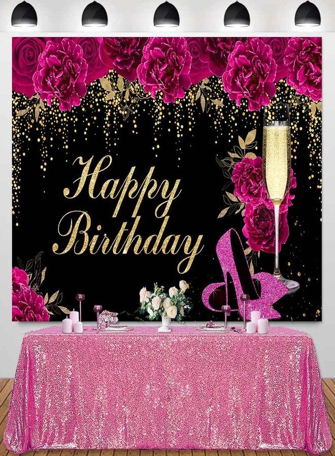 Sensfun 7x5ft Floral Hot Pink Birthday Backdrop Magenta Flowers High Heels Party Photo Background Glitter Women 30th 40th 50th 60th Birthday Decorations Banner Cake Table Party Supplies - Image 2