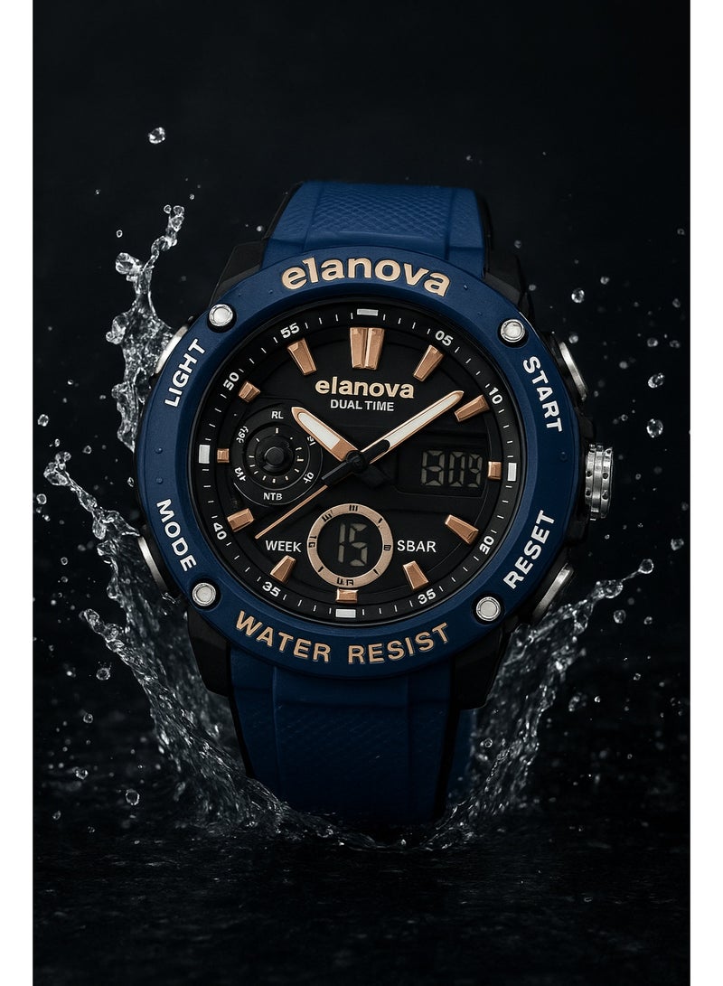 Elanova Sporty analog-digital watch with dual time feature, durable silicone strap, and 5-bar water resistance, model EL70 - Image 2
