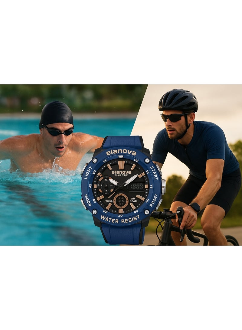 Elanova Sporty analog-digital watch with dual time feature, durable silicone strap, and 5-bar water resistance, model EL70 - Image 4
