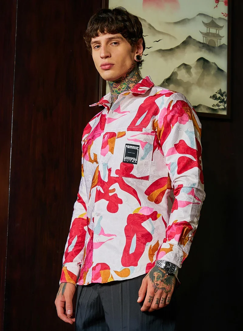 Campus Sutra Men's Cream White & Scarlet Red Floral-Tactile Relaxed Shirt
