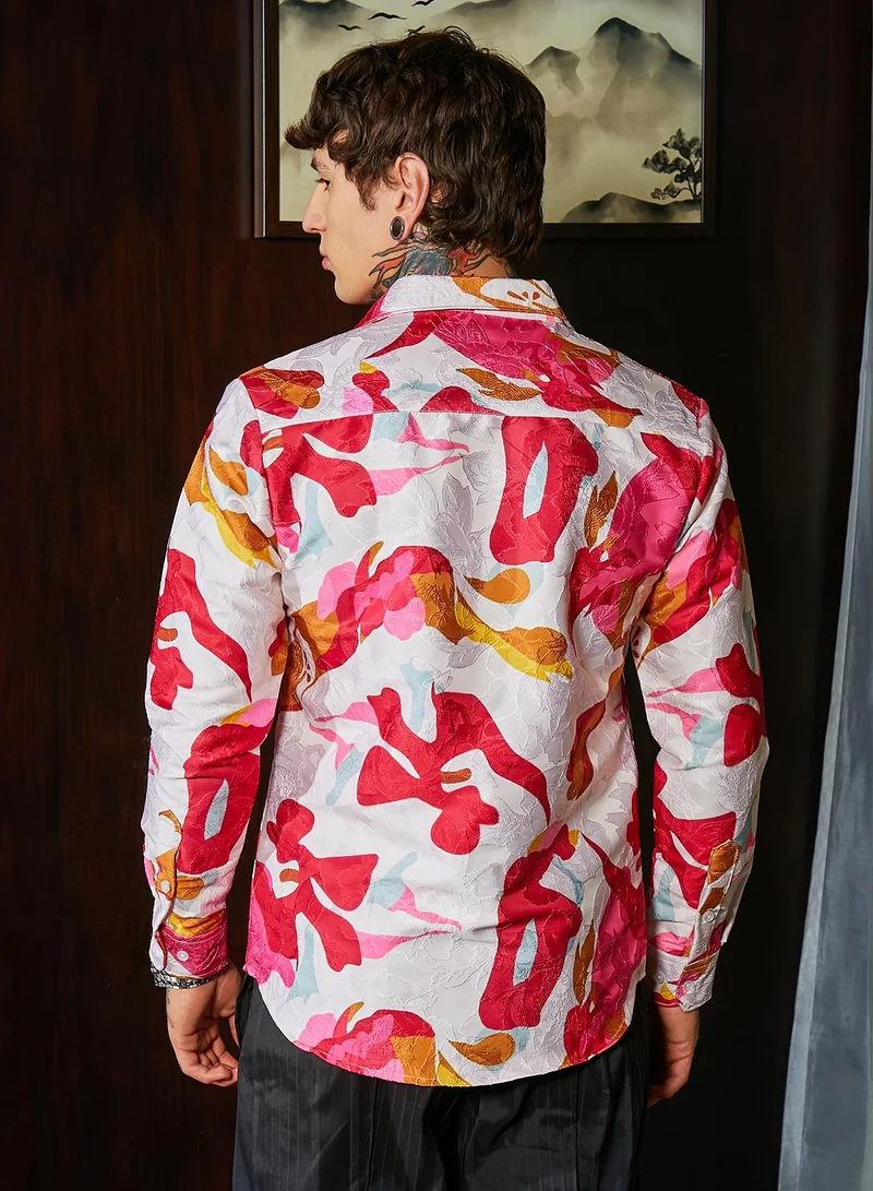 Campus Sutra Men's Cream White & Scarlet Red Floral-Tactile Relaxed Shirt