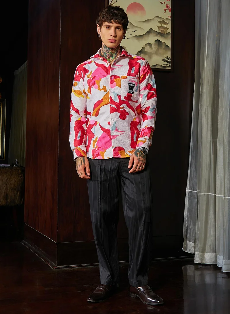 Campus Sutra Men's Cream White & Scarlet Red Floral-Tactile Relaxed Shirt