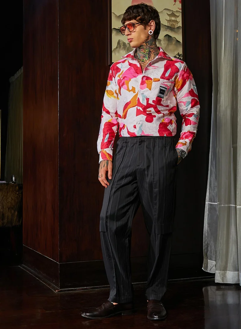 Campus Sutra Men's Cream White & Scarlet Red Floral-Tactile Relaxed Shirt