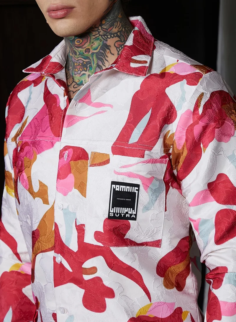 Campus Sutra Men's Cream White & Scarlet Red Floral-Tactile Relaxed Shirt