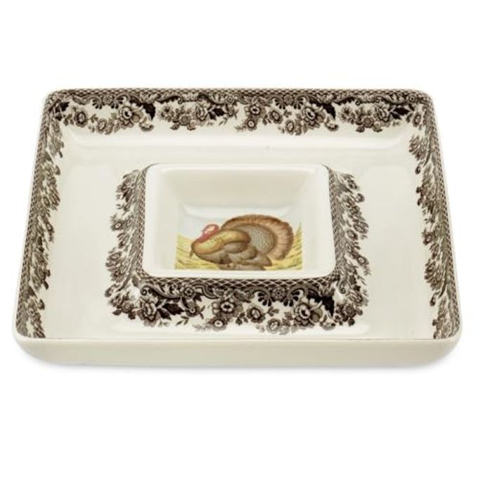 Spode Woodland 12" Square Chip and Dip - Turkey Centerpiece Serving Dish, Fine Porcelain Holiday Serveware, Thanksgiving Platter for Chips, CruditÃ©s, Shrimp - Dishwasher, Microwave Safe