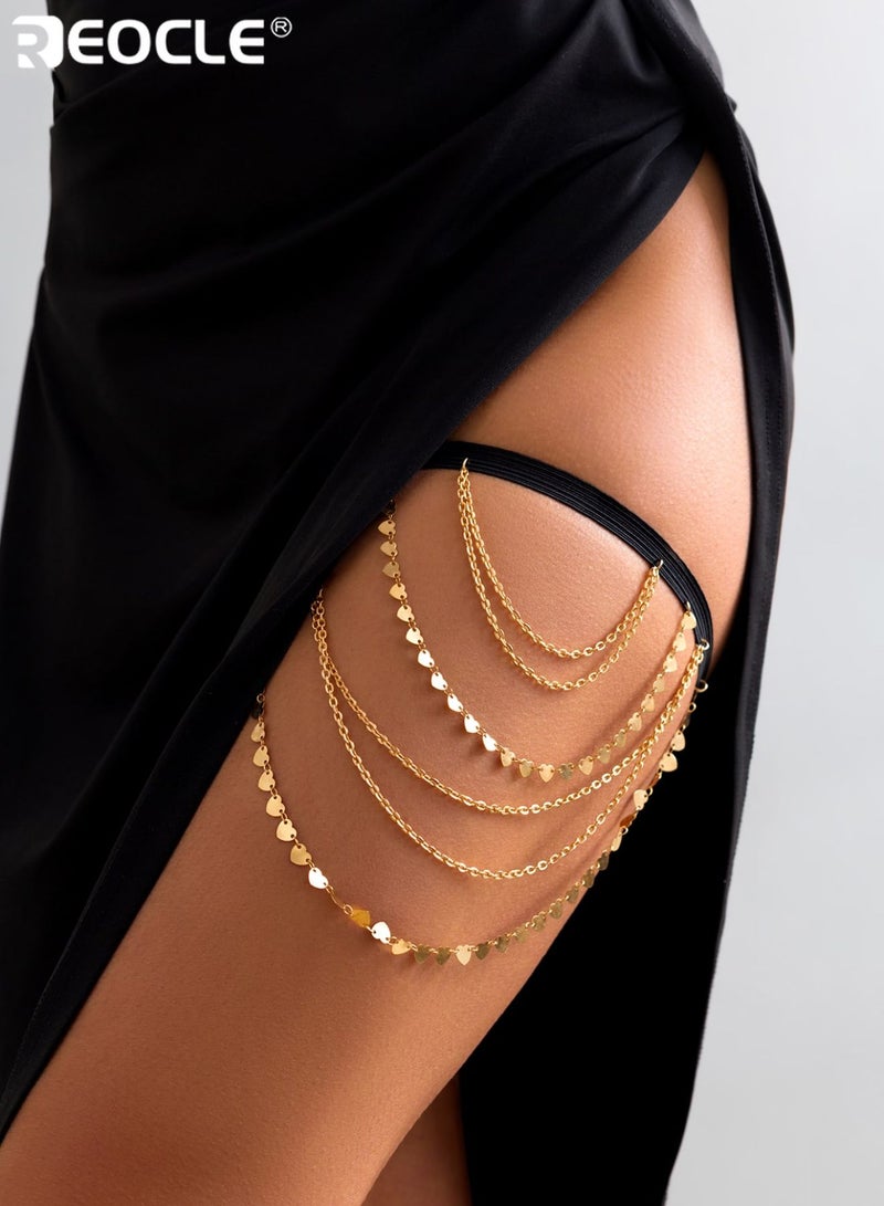 REOCLE Women's Multi-Layered Heart Charm Thigh Chain with Non-Slip Elastic Band Gold-Tone Layered Leg Body Chain Romantic Party & Festival Body Jewelry - Image 1