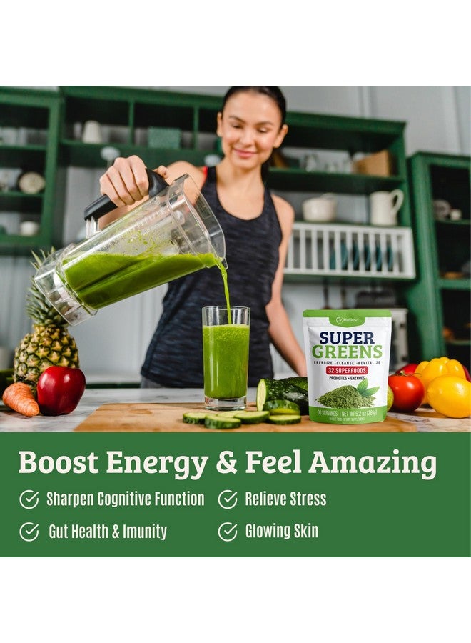 Green Juice Powder. Supergreens Superfood Powder. Detox Greens for Bloating and Digestion. Veggie Powder with Probiotics & Enzymes. Chlorella, Spirulina, Wheat Grass, Ashwagandha. 32 Superfoods