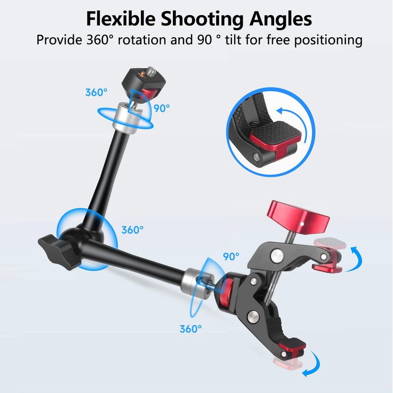 HEMMOTOP Magic Arm Camera Mount Clamp, 11'' Max. Payload 5.5 LBS Articulating Arm with Anti-Twist Pins, Rotatable Pads, Adjustable Friction Arm for Monitor, LED Light, Camera Video Rig MS02 - Image 5