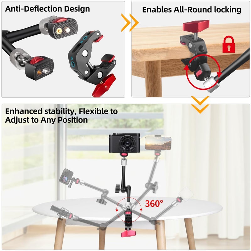 HEMMOTOP Magic Arm Camera Mount Clamp, 11'' Max. Payload 5.5 LBS Articulating Arm with Anti-Twist Pins, Rotatable Pads, Adjustable Friction Arm for Monitor, LED Light, Camera Video Rig MS02 - Image 3