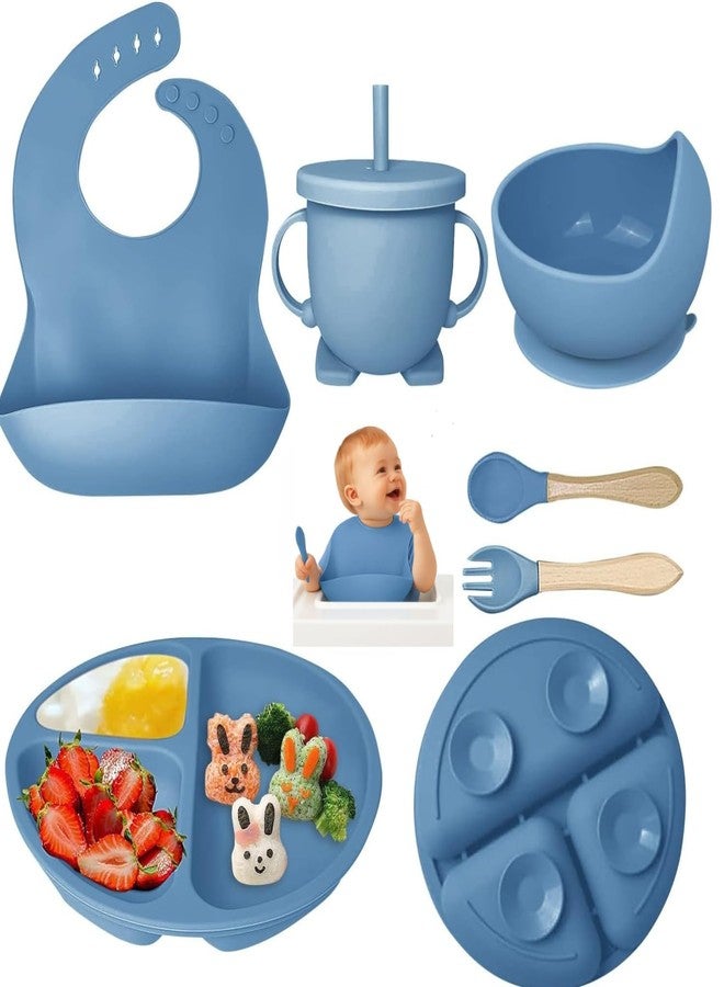 SUPUNYA 6PCS Silicone Baby Feeding Set – Suction Plate, Bowl, Bib, Spoon, Fork, Cup – BPA-Free, Non-Toxic, Microwave & Dishwasher Safe for Toddlers 6+ Months (Blue) - Image 1