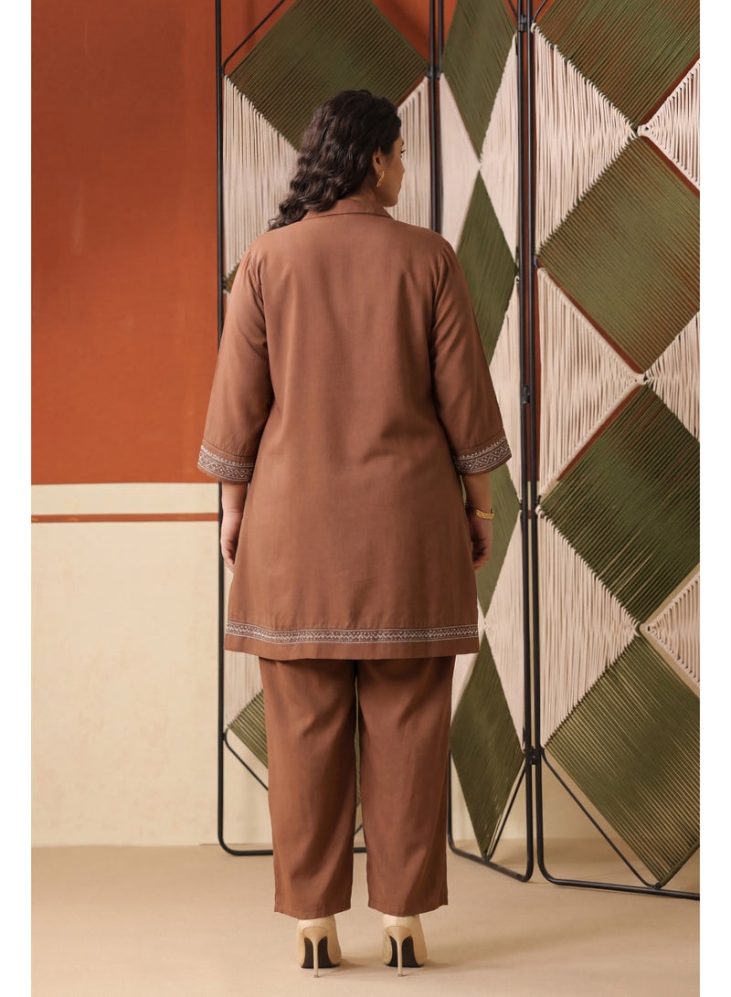PRIYA’S PANACHE Brown Embroidered Rayon Flex Plus Size Co-ord SEt with Trouser for Women – Indian Ethnic Wear Kurta Set, Festive & Casual Wear - Image 3