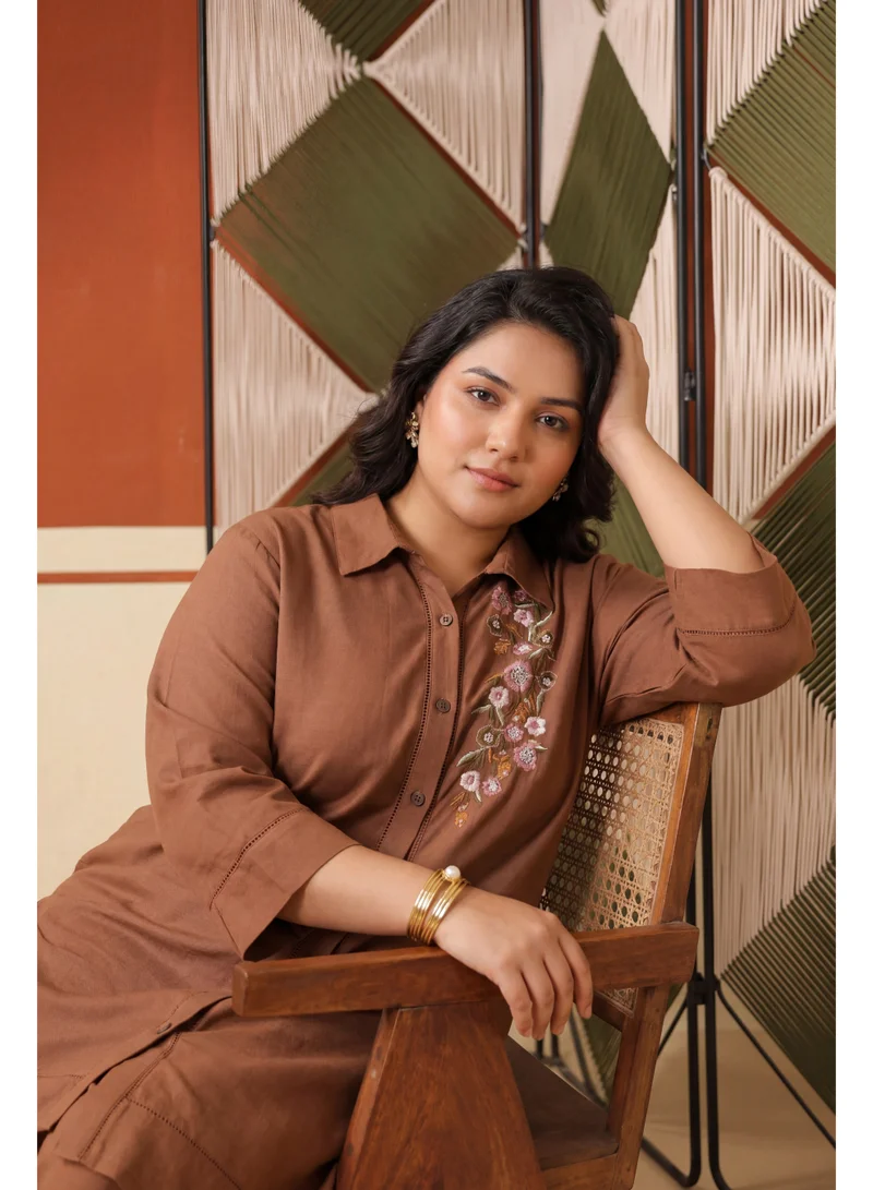 PRIYA’S PANACHE Brown Embroidered Rayon Flex Plus Size Co-ord SEt with Trouser for Women – Indian Ethnic Wear Kurta Set, Festive & Casual Wear