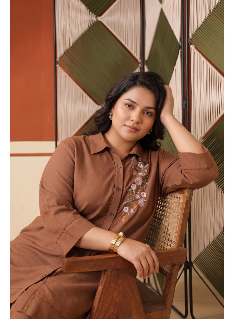 PRIYA’S PANACHE Brown Embroidered Rayon Flex Plus Size Co-ord SEt with Trouser for Women – Indian Ethnic Wear Kurta Set, Festive & Casual Wear - Image 2
