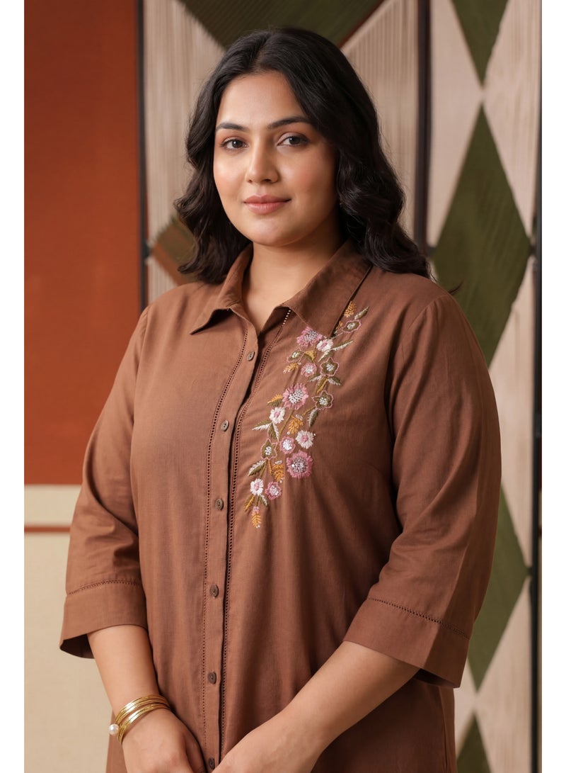 PRIYA’S PANACHE Brown Embroidered Rayon Flex Plus Size Co-ord SEt with Trouser for Women – Indian Ethnic Wear Kurta Set, Festive & Casual Wear - Image 4
