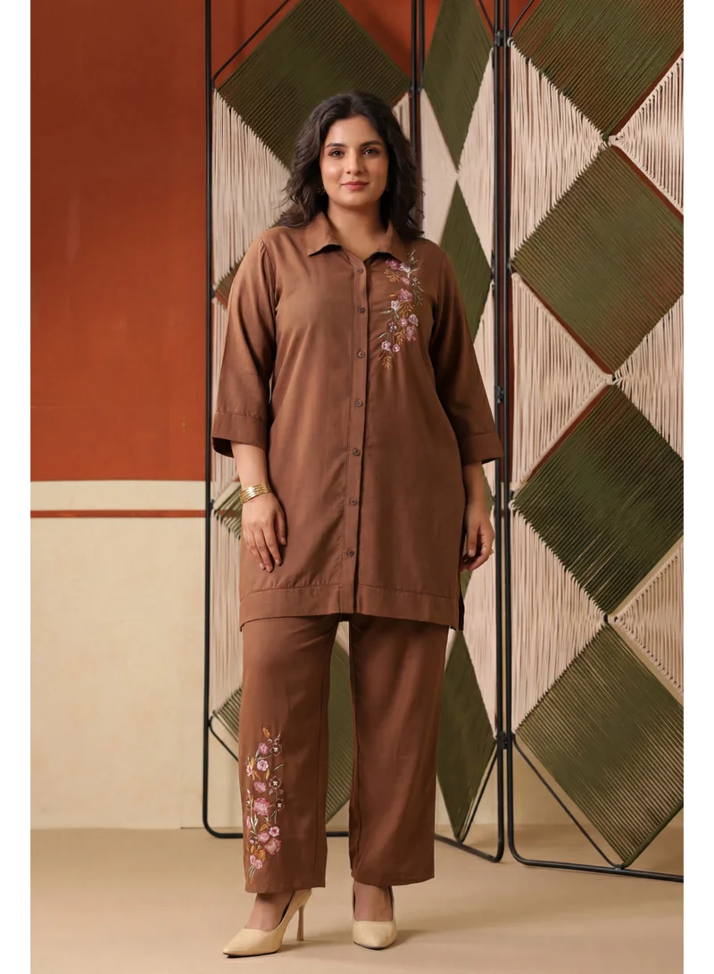 PRIYA’S PANACHE Brown Embroidered Rayon Flex Plus Size Co-ord SEt with Trouser for Women – Indian Ethnic Wear Kurta Set, Festive & Casual Wear