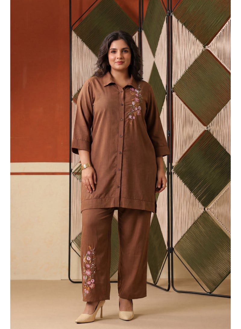 PRIYA’S PANACHE Brown Embroidered Rayon Flex Plus Size Co-ord SEt with Trouser for Women – Indian Ethnic Wear Kurta Set, Festive & Casual Wear - Image 1