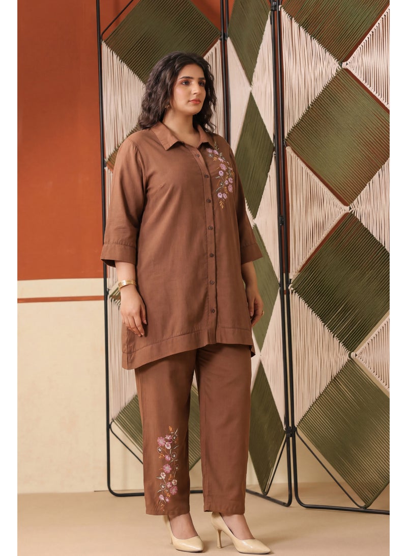 PRIYA’S PANACHE Brown Embroidered Rayon Flex Plus Size Co-ord SEt with Trouser for Women – Indian Ethnic Wear Kurta Set, Festive & Casual Wear - Image 5