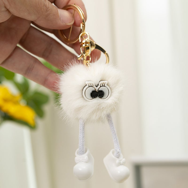 Faux mink fur shoe charm, elf keychain pendant, car interior decoration, plush pom-pom (white)