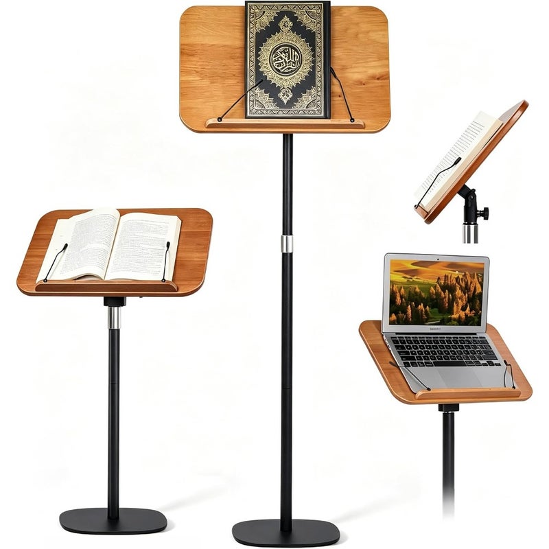 Quran Stand Holder for Reading, Aluminum Alloy, Black, Adjustable Height and Angle with Page Clip, Sturdy Podium Stand for Bible, Laptop, or Projector - Image 1