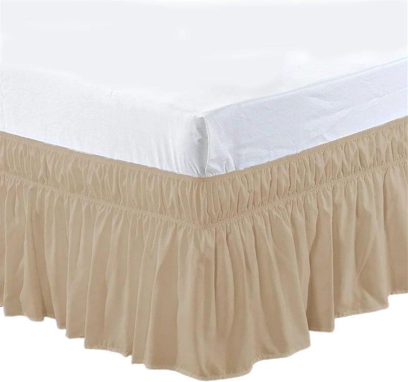 1PC Solid Color Elastic Bed Ruffles Skirt Wrap Around Style Easy Fit 15inch Drop Ruffle BedSkirt Corners Fade Resistant(Brown,King 203x198x40cm) - Image 1