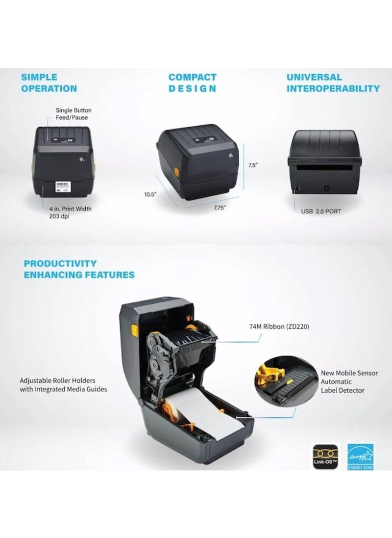 زيبرا ZEBRA [ZD-220T] Direct Thermal & Thermal Transfer Barcode Printer 203DPI  - Image 2
