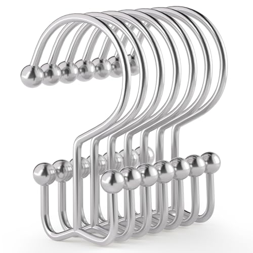 Goowin Shower Curtain Hooks, 12 Pcs Shower Curtain Rings, Durable Rust Proof Silver Shower Curtain Hooks, Shower Rings for Curtain, Double Glide Shower Hooks for Shower Curtain Rods, Chrome - Image 1