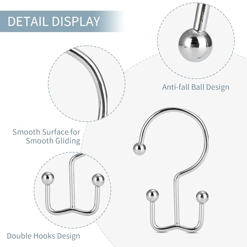 Goowin Shower Curtain Hooks, 12 Pcs Shower Curtain Rings, Durable Rust Proof Silver Shower Curtain Hooks, Shower Rings for Curtain, Double Glide Shower Hooks for Shower Curtain Rods, Chrome - Image 4