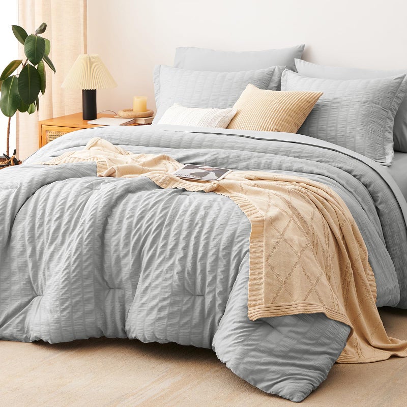 CozyLux Full Bed in a Bag Light Grey Seersucker Textured Comforter Set with Sheets 7Pieces All Season Bedding Sets with Comforter Pillow Sham Flat Sheet Fitted Sheet and Pillowcase