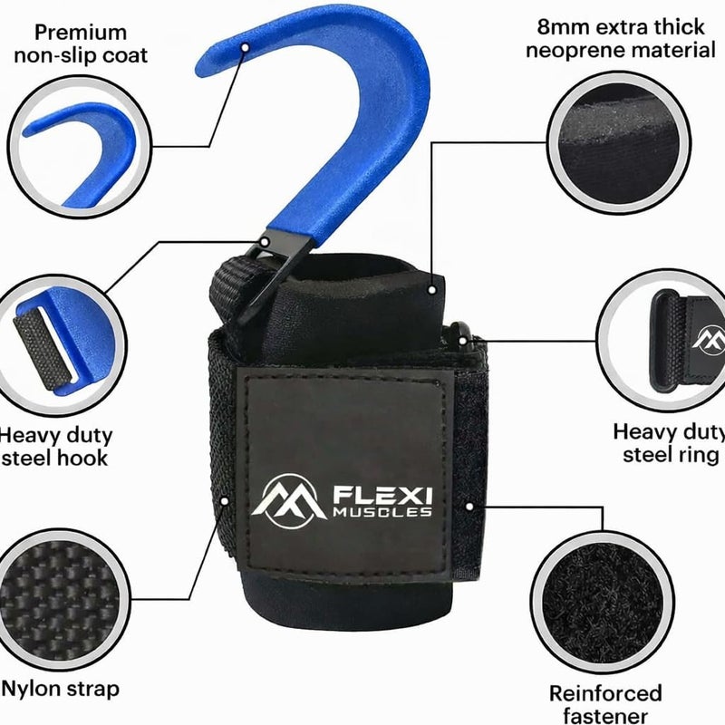 FLEXI MUSCLES Weight Lifting Hooks (Pair) - Heavy-Duty Wrist Straps with Non-Slip Grip - Ideal for Deadlifts, Pull-Ups, Shrugs, and Powerlifting - Padded Wrist Support for Men & Women - Image 3