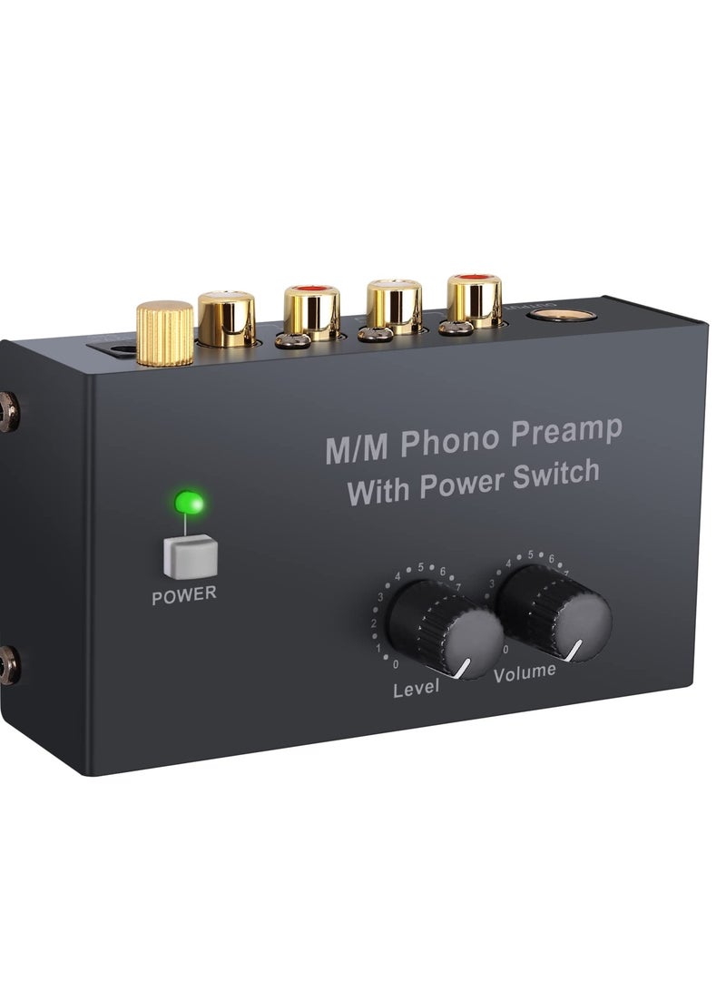 Compact Phono Preamplifier for MM Turntable, Preamp with Volume Control and Power Switch, RCA Input to RCA and 1/4'' TRS Output, Low Noise with DC 12V Certified Power Adapter - Image 1