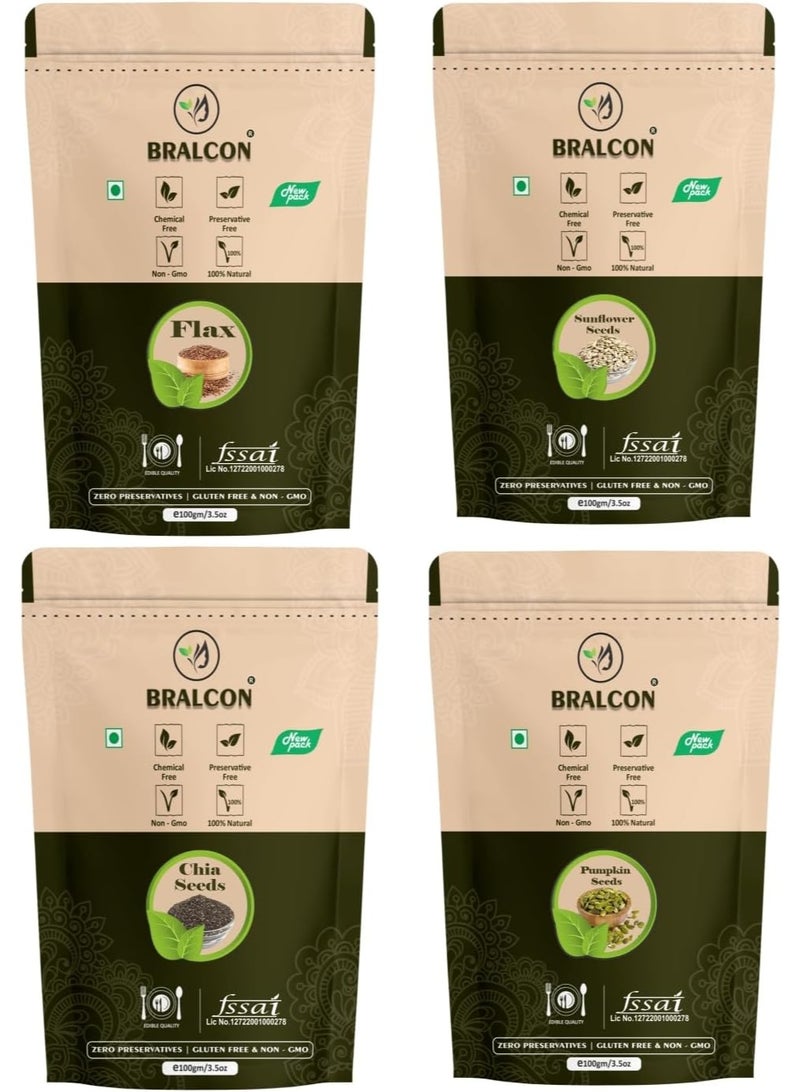 BRALCON Raw Organic Seeds Combo of Chia seeds, Pumpkin Seeds, Sunflower Seeds, Flax Seeds for Eating - 400g (4 x 100g Each Pack) - Image 1