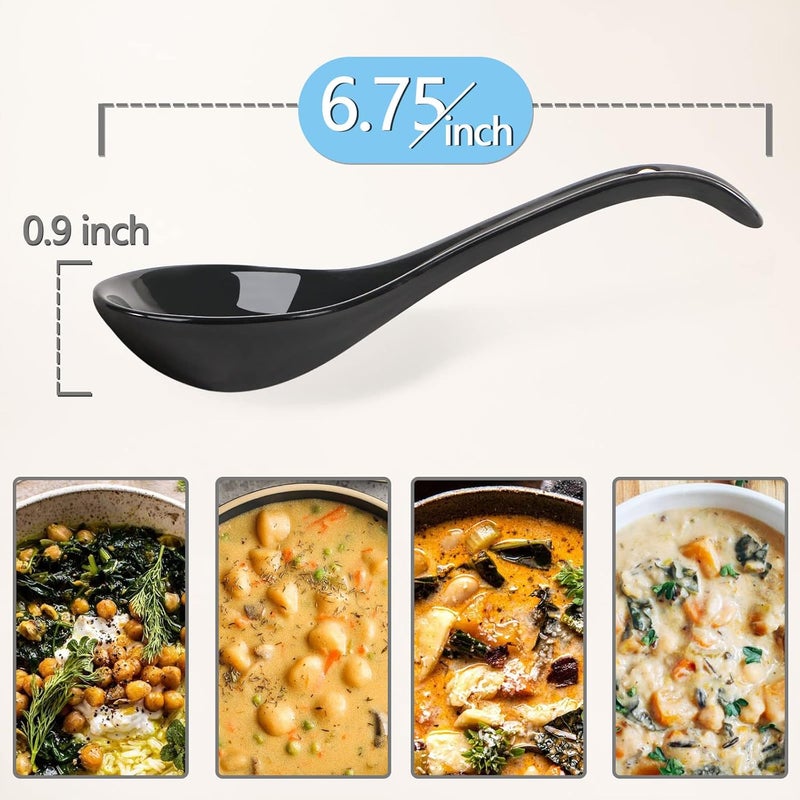 Wareland Black Ceramic Soup Spoons Set, 6.75 inch Deep Oval Hook Design, Dishwasher Safe - Perfect for Ramen, Pho, Noodles, Stews, Wonton, Dumpling, Miso - Image 2