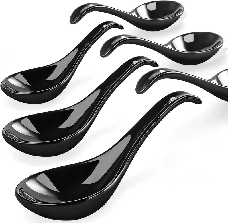 Wareland Black Ceramic Soup Spoons Set, 6.75 inch Deep Oval Hook Design, Dishwasher Safe - Perfect for Ramen, Pho, Noodles, Stews, Wonton, Dumpling, Miso - Image 1