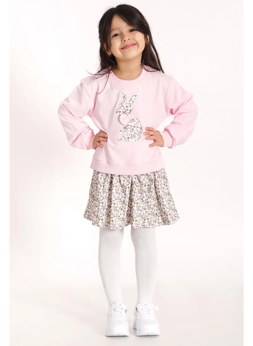 Zepkids Crew Neck Long Sleeve Rabbit Printed Skirted Light Pink Color Sweat Suit