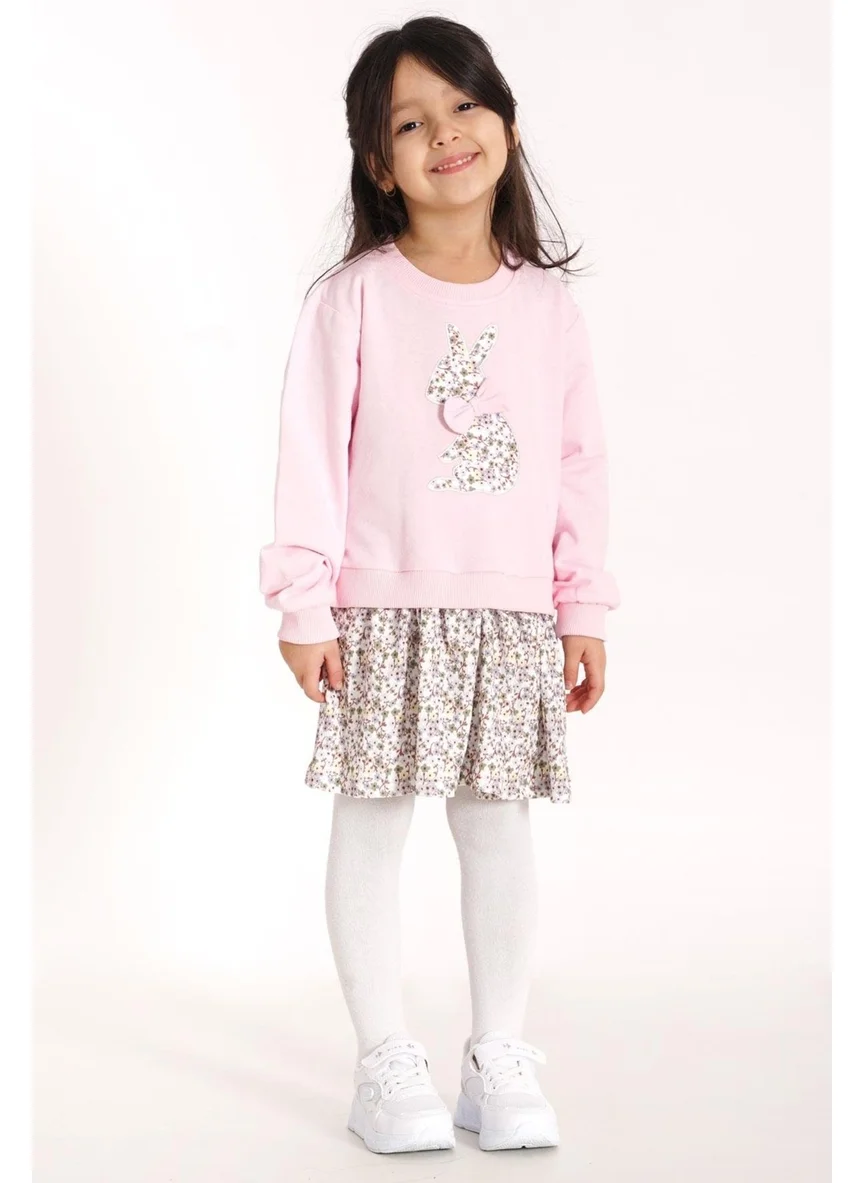 Zepkids Crew Neck Long Sleeve Rabbit Printed Skirted Light Pink Color Sweat Suit