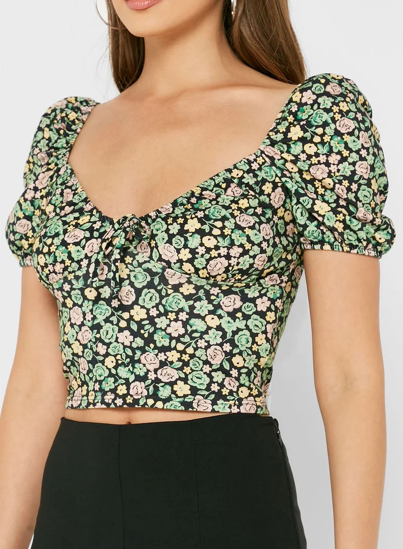 Miss Selfridge Tie Detail Puff Sleeve Crop Top