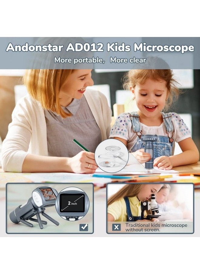 Andonstar Ad012 Portable Microscope Kit For Kids 2" Lcd Kids Microscope With Prepared Slides 8G Sd Card Windows Pc Compatible Stem Educational Toys For Indoor Outdoor Use Ages 5+ (Gray)  - Image 3