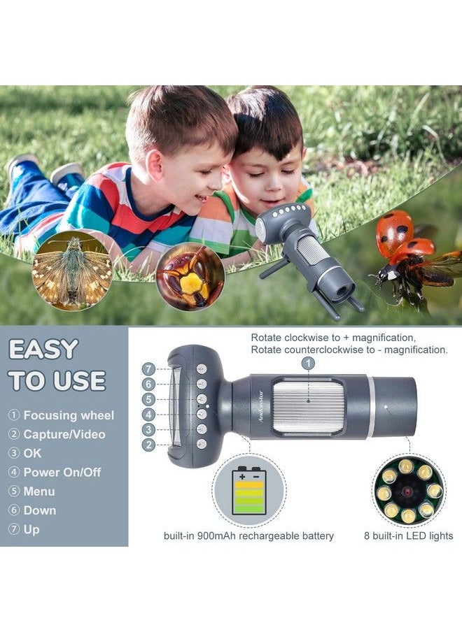 Andonstar Ad012 Portable Microscope Kit For Kids 2" Lcd Kids Microscope With Prepared Slides 8G Sd Card Windows Pc Compatible Stem Educational Toys For Indoor Outdoor Use Ages 5+ (Gray)  - Image 5