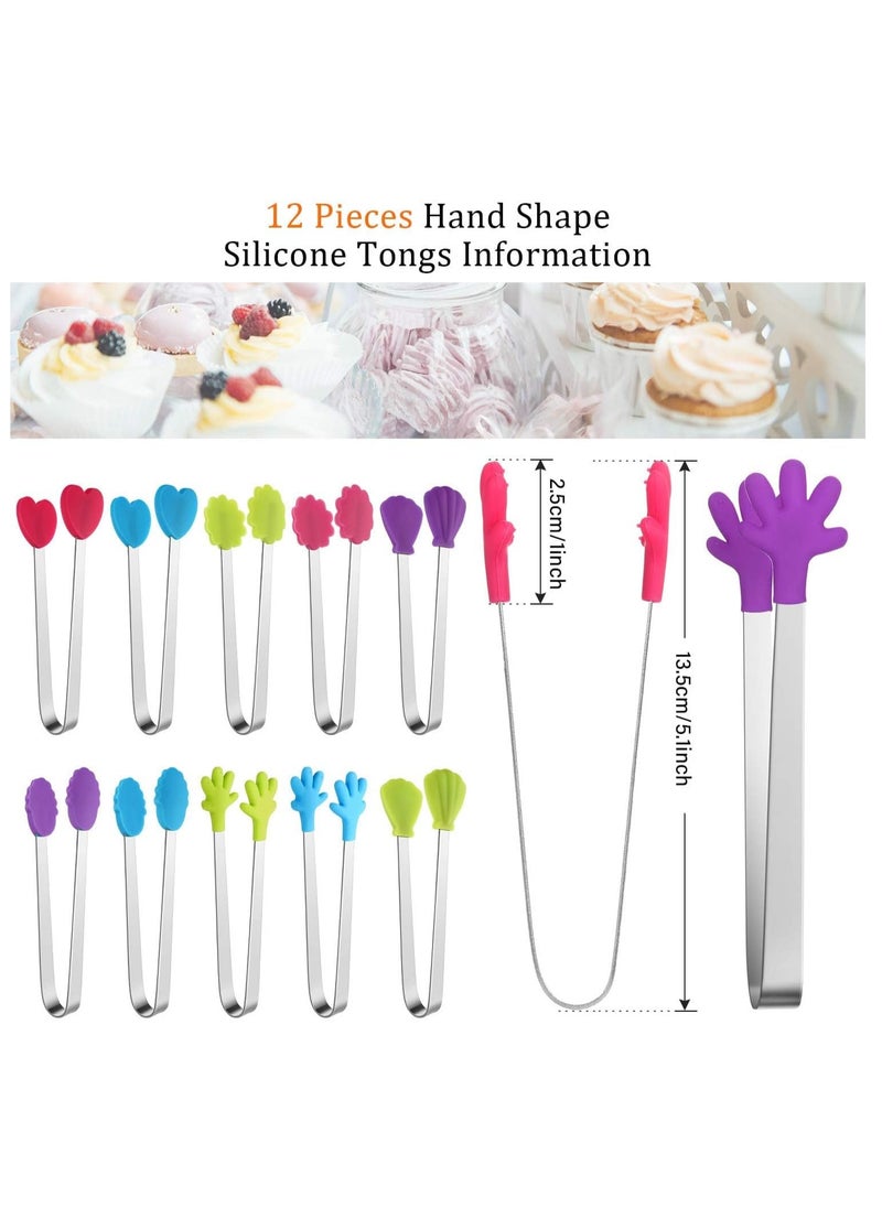 SYOSI - Silicone Mini Tongs 12 Pieces, Mini Tongs Hand Shape Silicone Tongs 5 Inch Mini Kitchen Tongs Small Serving Plastic Tongs for Kids Toddler, 5 Cute Styles - Image 1