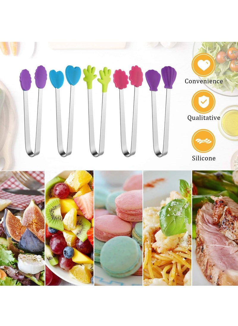 SYOSI - Silicone Mini Tongs 12 Pieces, Mini Tongs Hand Shape Silicone Tongs 5 Inch Mini Kitchen Tongs Small Serving Plastic Tongs for Kids Toddler, 5 Cute Styles - Image 1