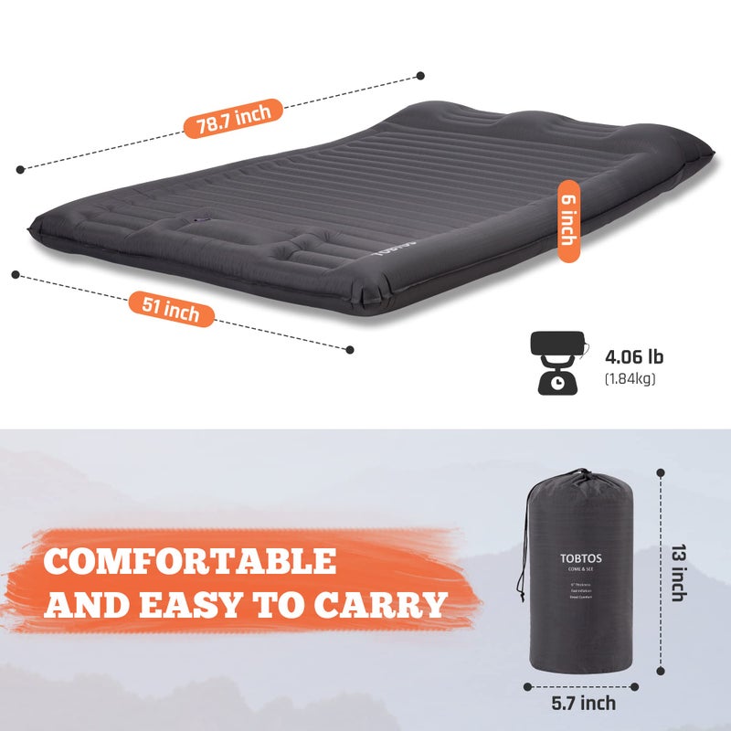 TOBTOS Double Sleeping Pad for Camping, Extra Thick 6" Camping Mattress 2 Person with Pillow Built-in Foot Pump, Inflatable Sleeping Mat for Camp, Backpacking, Hiking, Traveling - Image 2