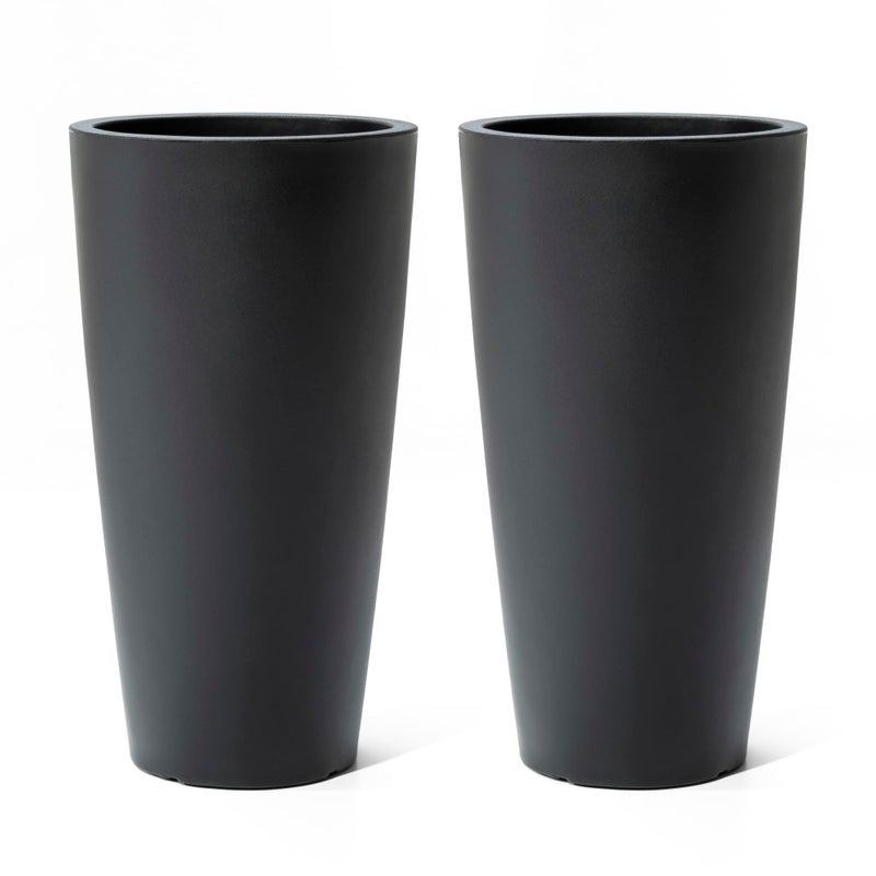 Step2 Tremont Tall Round Tapered Planter, 28" Tall 2-Pack, Indoor/Outdoor Plants, Efficient Drainage, Durable Resin, Onyx Black - Image 1