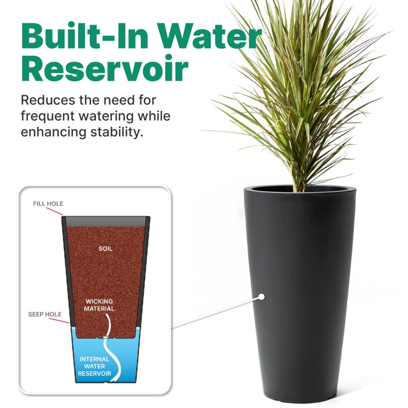 Step2 Tremont Tall Round Tapered Planter, 28" Tall 2-Pack, Indoor/Outdoor Plants, Efficient Drainage, Durable Resin, Onyx Black - Image 5