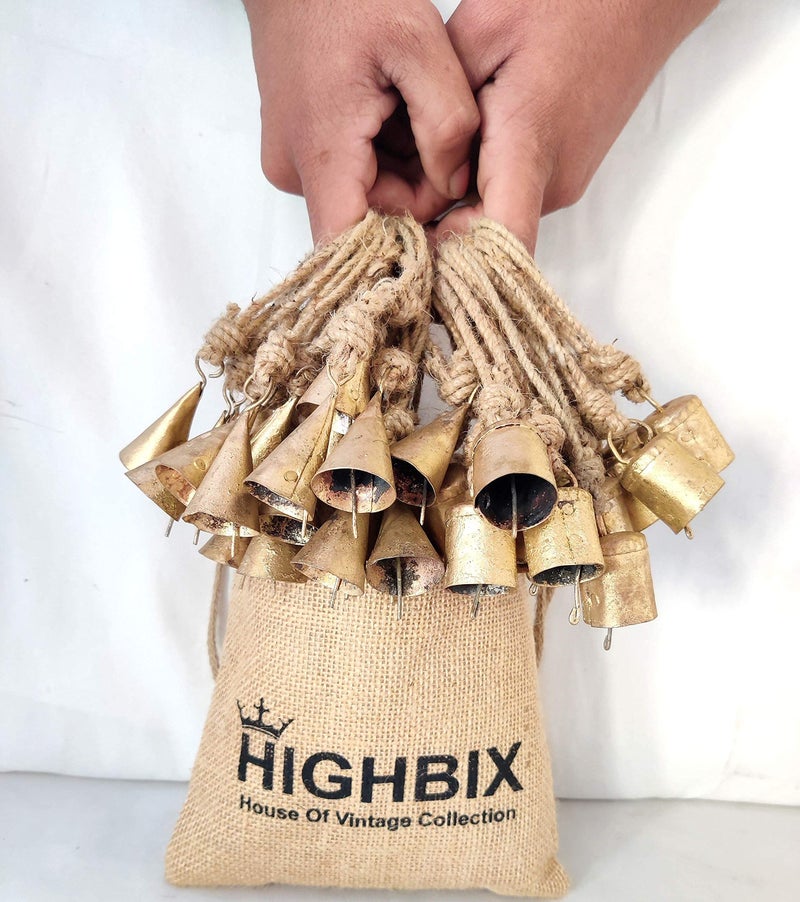 HIGHBIX 4cm Small Vintage Rustic Lucky Tin Metal Cow Bells Handmade Christmas Dcor Bells on Jute Rope 30 ConeCylinder