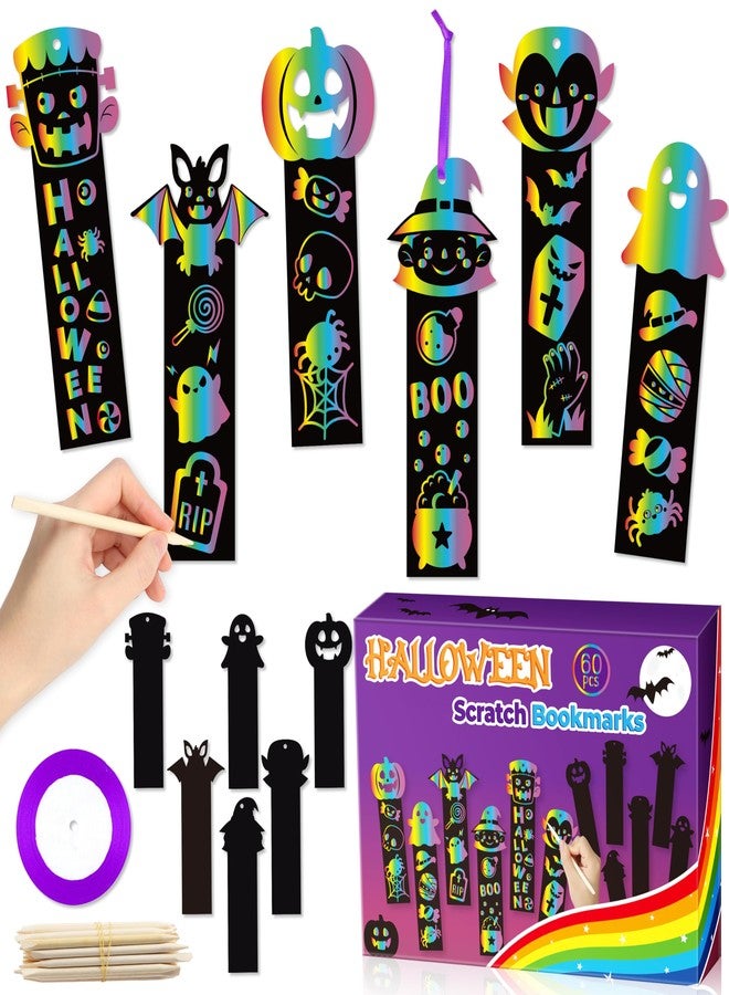 BeYumi 60Pcs Halloween Scratch Bookmarks Gift Set for Kids DIY Pumpkin Bat Witch Frankenstein Spooky Boo Vampire Magic Scratch Paper Art Craft School Classroom Activity Art Project Party Favor - Image 1