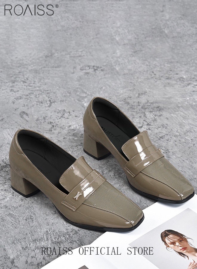 roaiss Women's Square-Toe High Heels Solid-Color Soft PU Block Heels for a Fashionable British Style Low-Heeled, Comfortable Commuting and Work Shoes Khaki Casual Shoes - Image 4