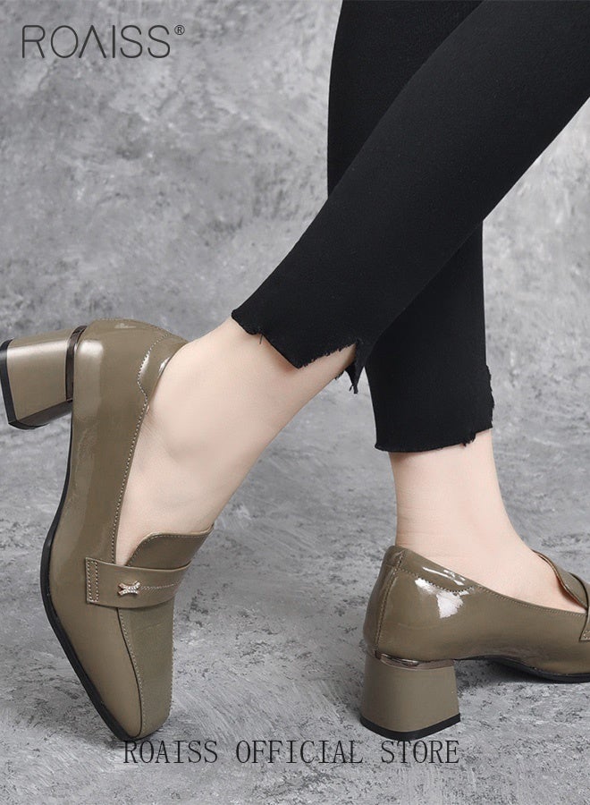 roaiss Women's Square-Toe High Heels Solid-Color Soft PU Block Heels for a Fashionable British Style Low-Heeled, Comfortable Commuting and Work Shoes Khaki Casual Shoes - Image 2