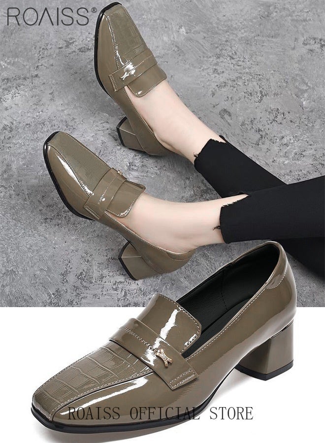 roaiss Women's Square-Toe High Heels Solid-Color Soft PU Block Heels for a Fashionable British Style Low-Heeled, Comfortable Commuting and Work Shoes Khaki Casual Shoes - Image 1