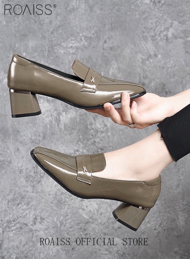 roaiss Women's Square-Toe High Heels Solid-Color Soft PU Block Heels for a Fashionable British Style Low-Heeled, Comfortable Commuting and Work Shoes Khaki Casual Shoes - Image 5